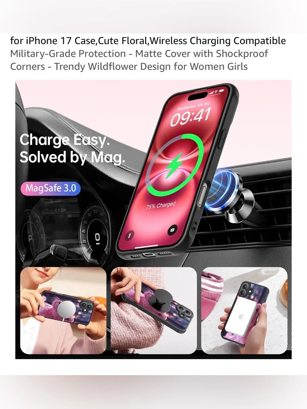 Ip 17 case floral wireless charging compatible military grade pink leopard NEW